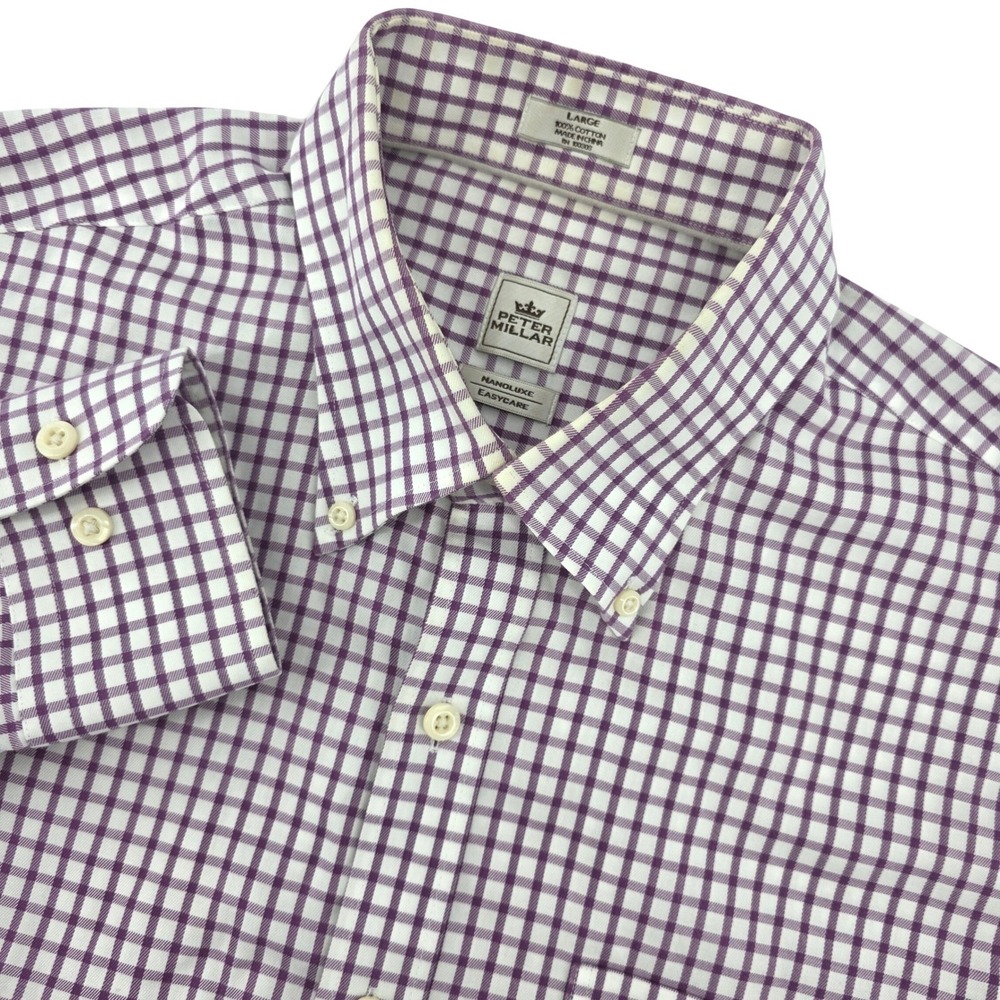 Peter Millar Nanoluxe Easycare Shirt Long Sl Mens Large Purple Tattersall Check